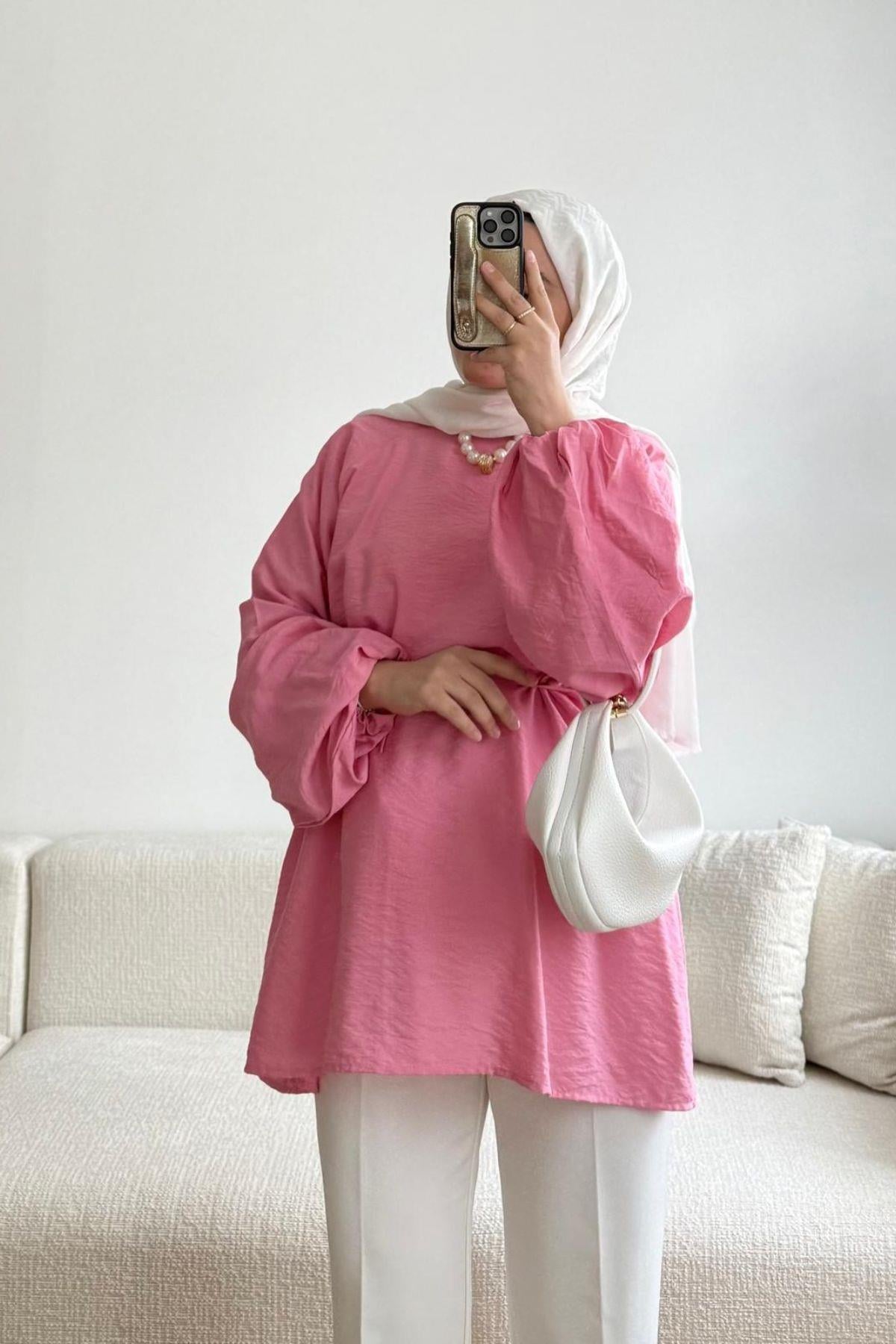 PEMBE KUŞAKLI BALON KOL GÖMLEK