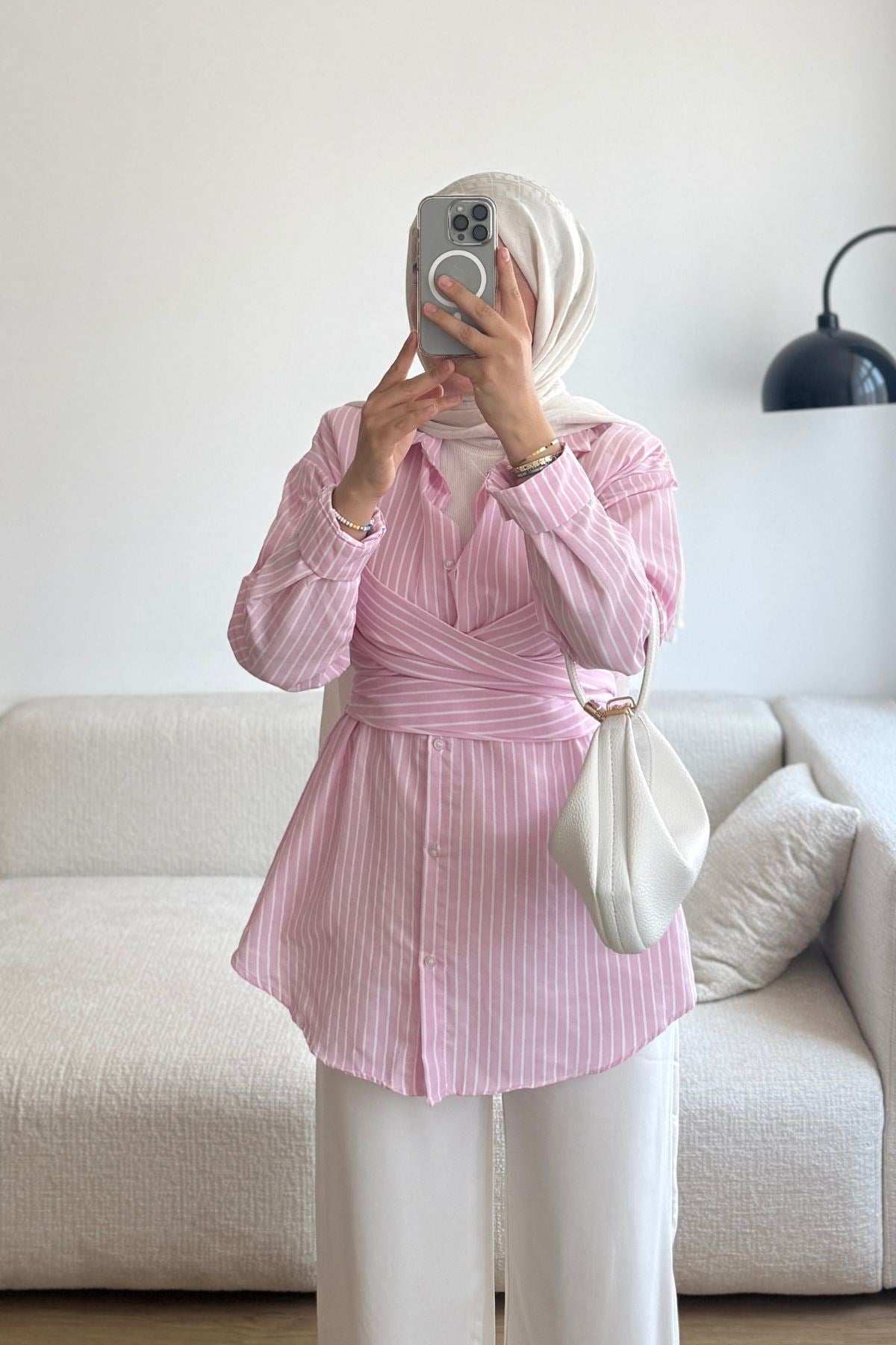 PEMBE MARJIN ÇİZGİLİ BAĞLAMALI GÖMLEK