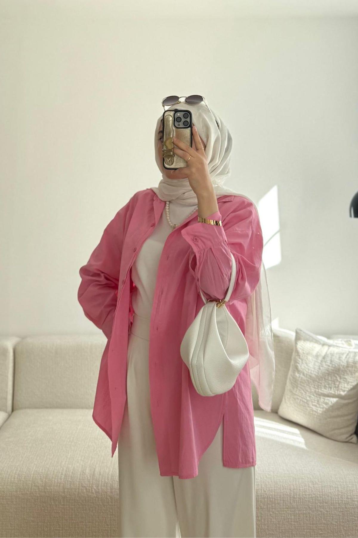 PEMBE OVAL KESİM GÖMLEK