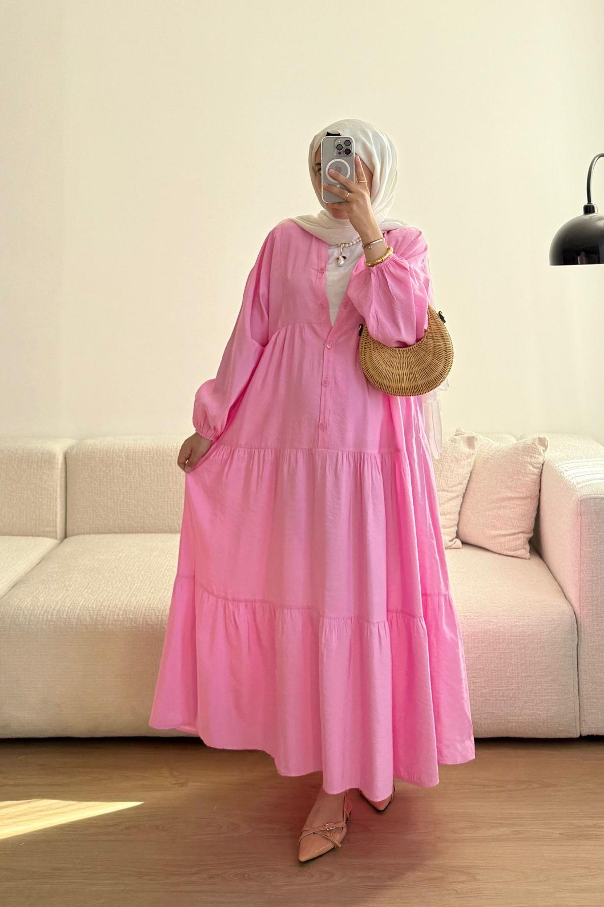 PEMBE TENSEL KUMAŞ  ELBİSE 