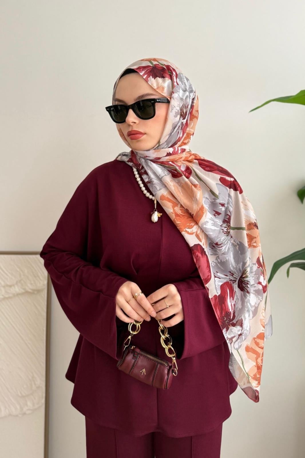 PREMIUM CUPRA DESEN BEJ ÜSTÜNE TURUNCU BORDO  PAMUKLU ŞAL