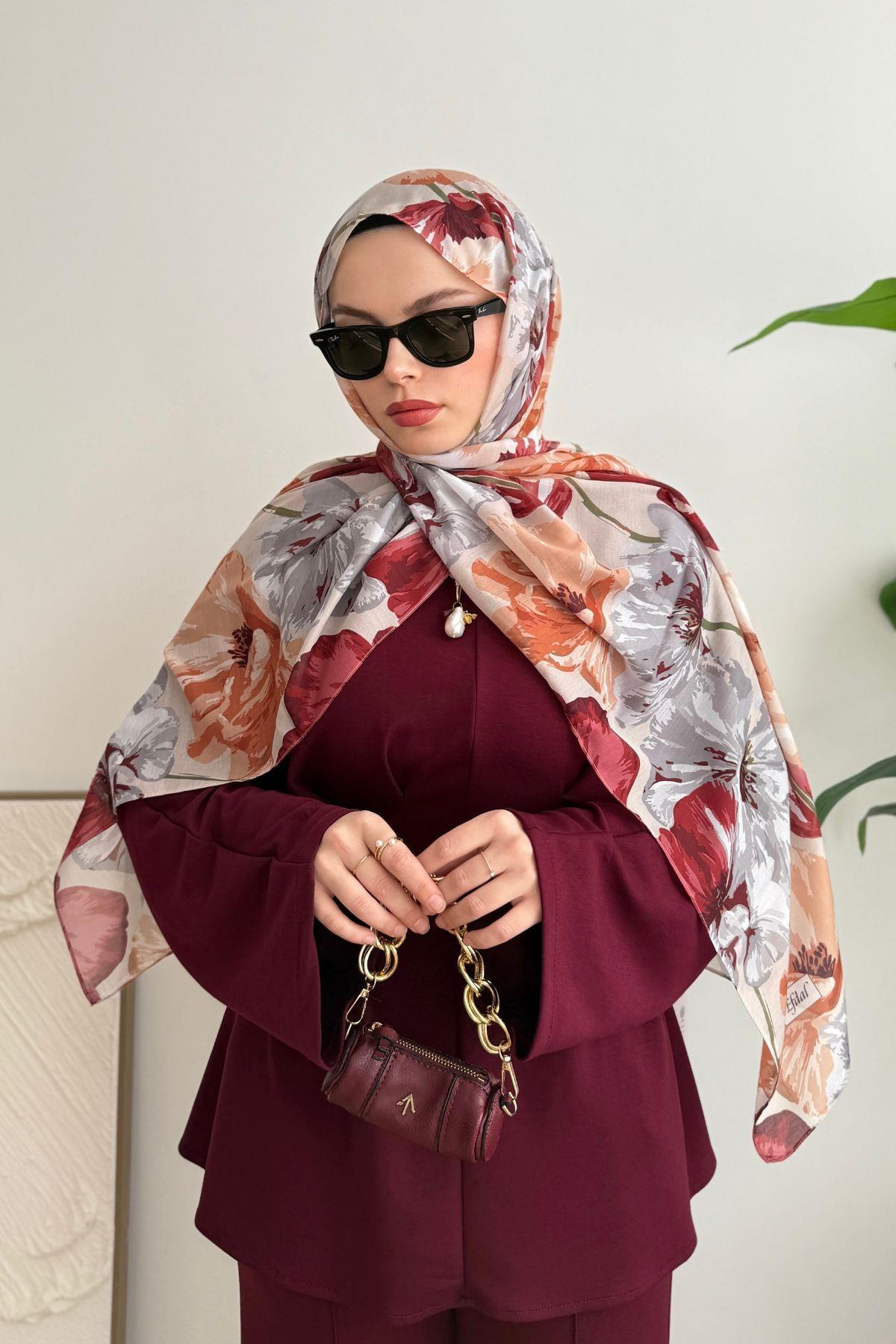 PREMIUM CUPRA DESEN VİZON ÜSTÜNE TURUNCU PAMUKLU ŞAL