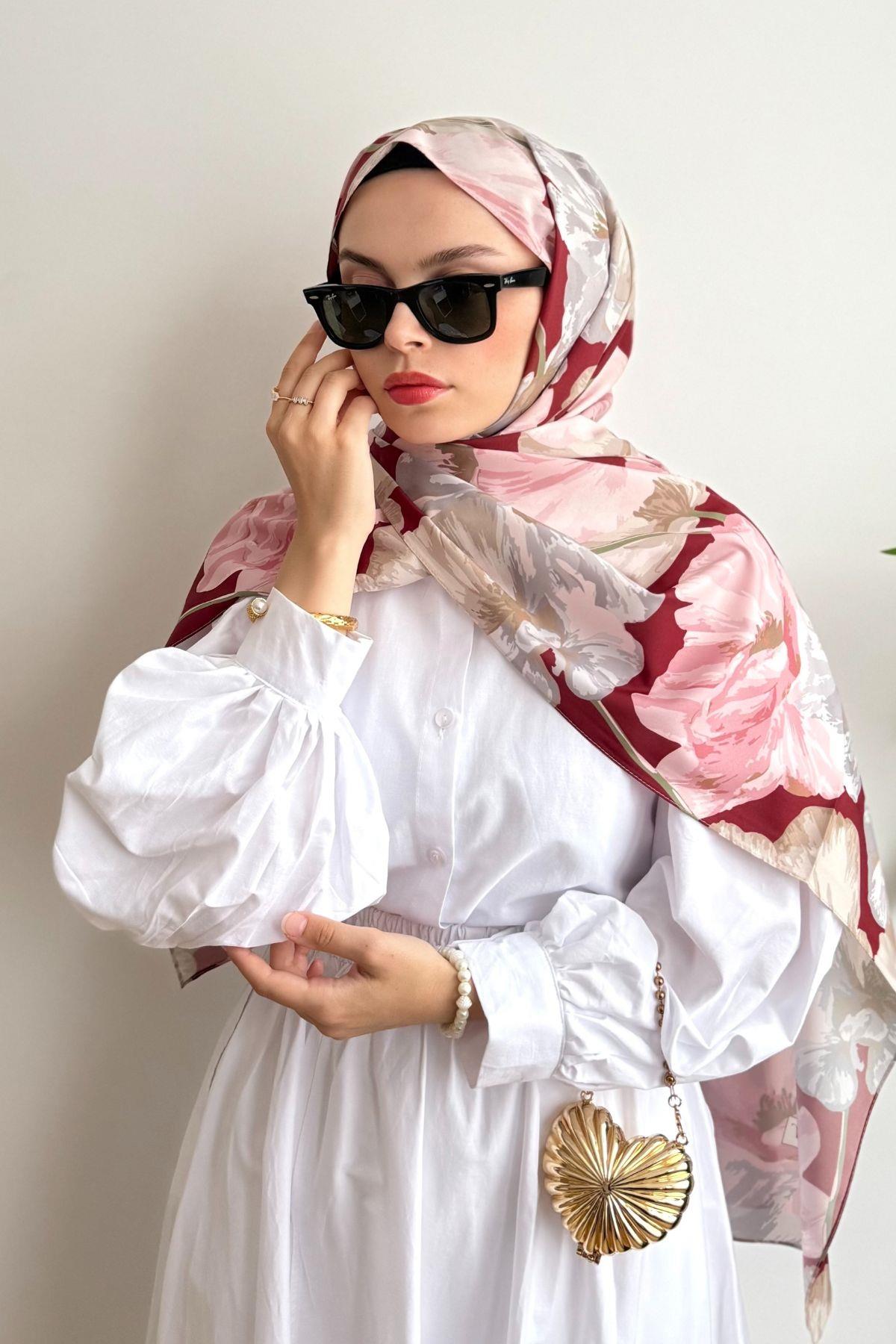 PREMIUM CUPRA KUMAŞ KİREMİT PEMBE ÇİÇEKLİ PAMUKLU ŞAL