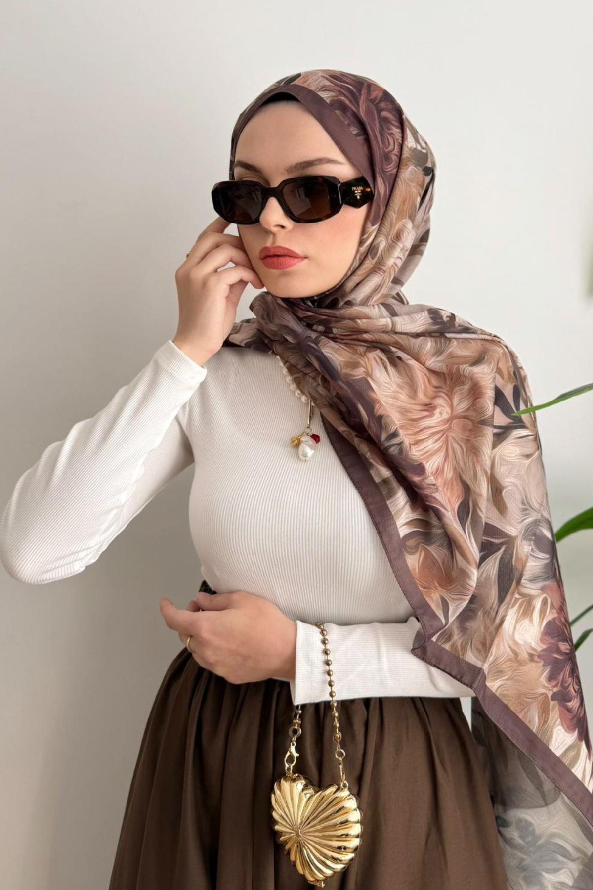 PREMİUM KAHVE ŞERİTLİ KAHVE ÇİÇEKLİ ŞAL