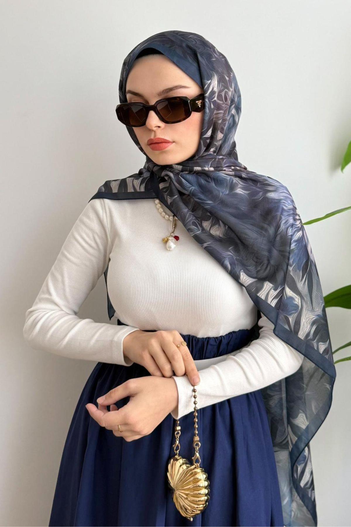 PREMİUM LACİVERT ŞERİTLİ KAHVE ÇİÇEKLİ ŞAL