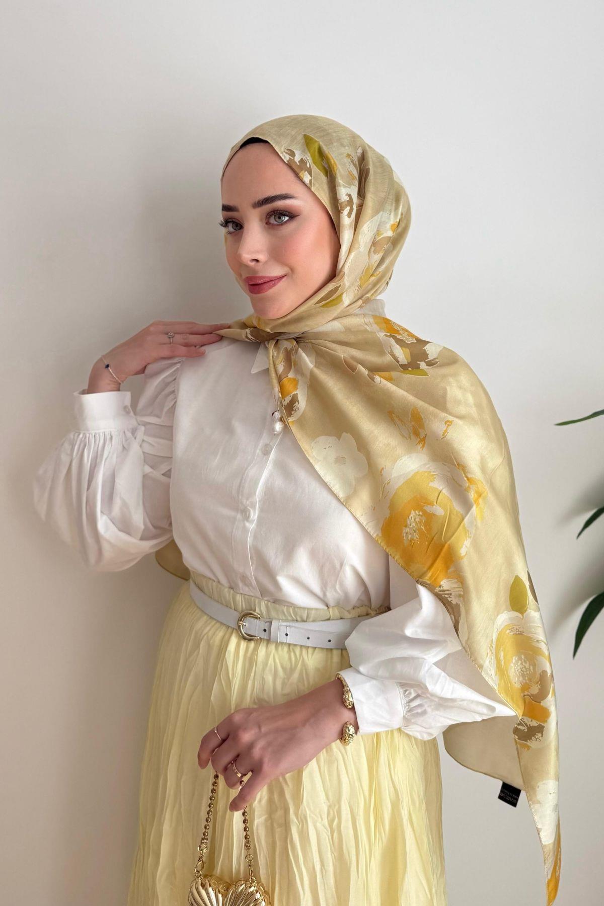 PREMIUM SARI ÇİÇEKLİ PAMUKLU ŞAL