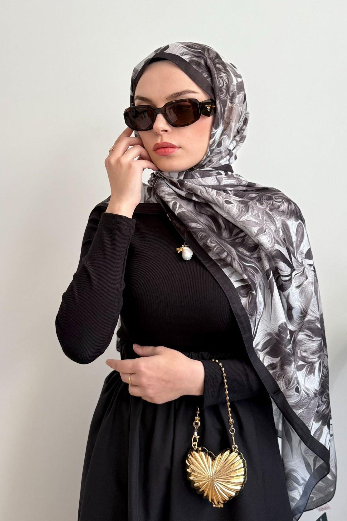 PREMİUM SİYAH EBRULİ ÇİÇEKLİ ŞAL