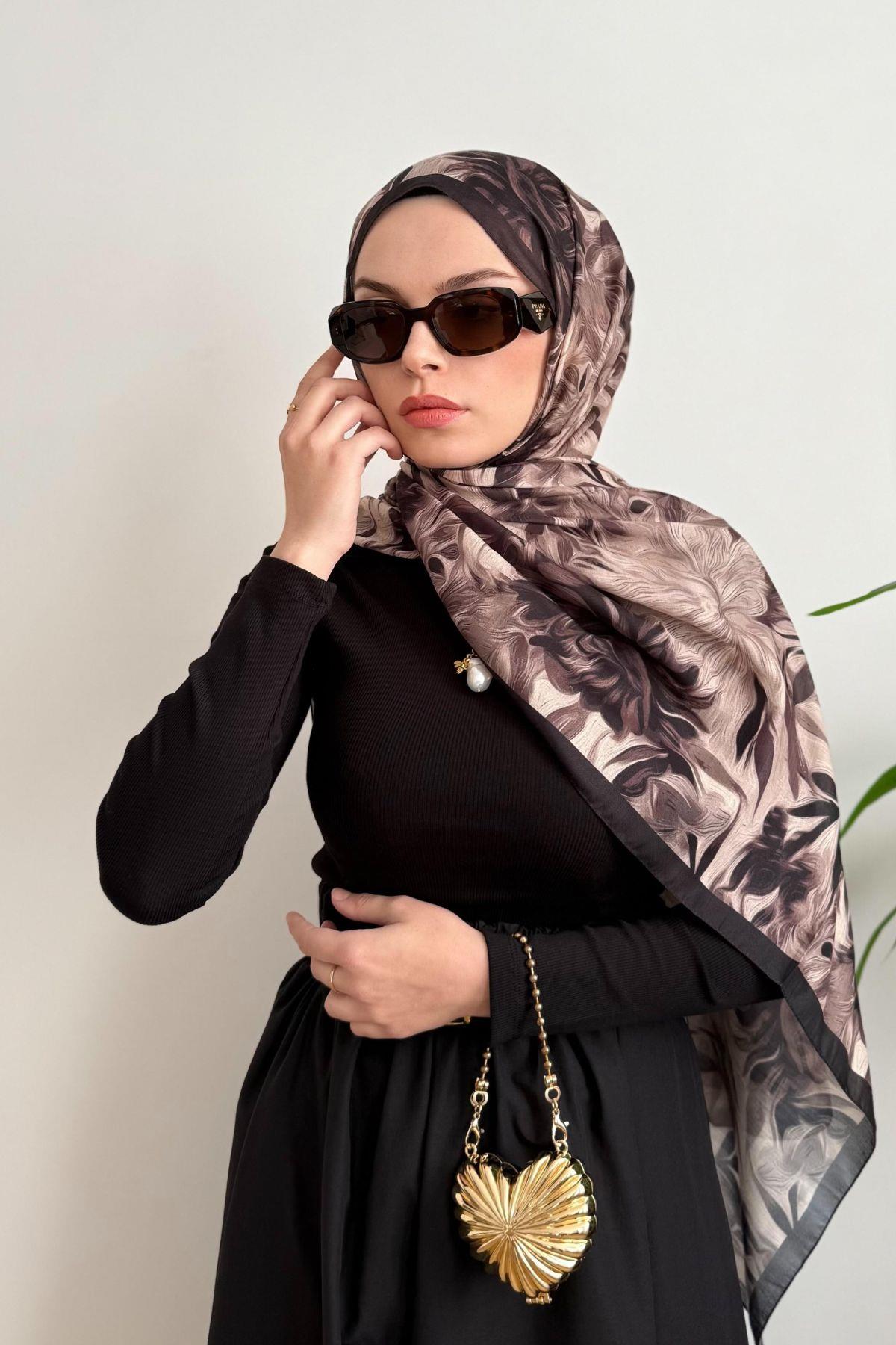PREMİUM SİYAH ŞERİTLİ KAHVE ÇİÇEKLİ ŞAL