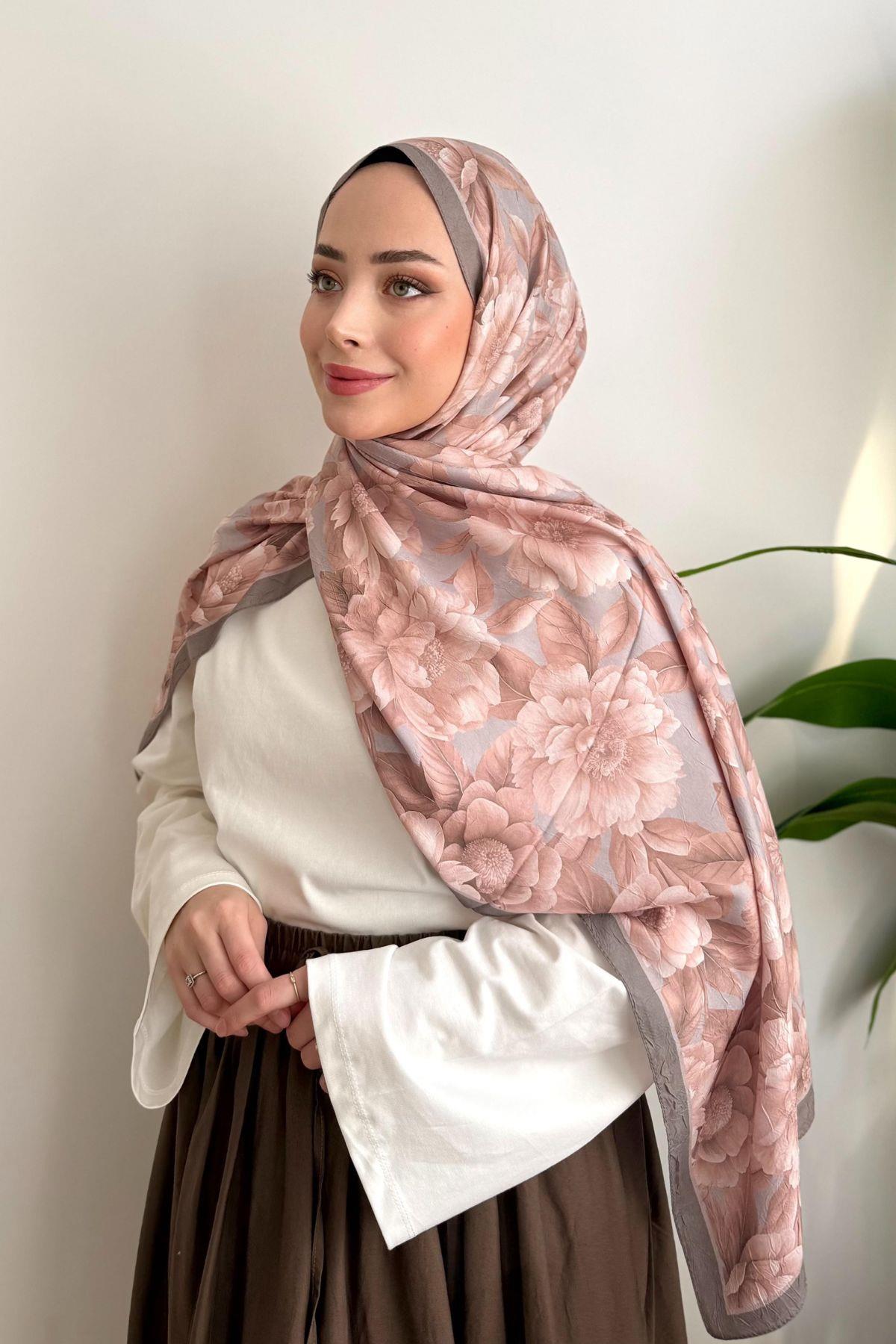ROSE GRİ ŞERİTLİ PEMBE ÇİÇEK DESENLİ ŞAL