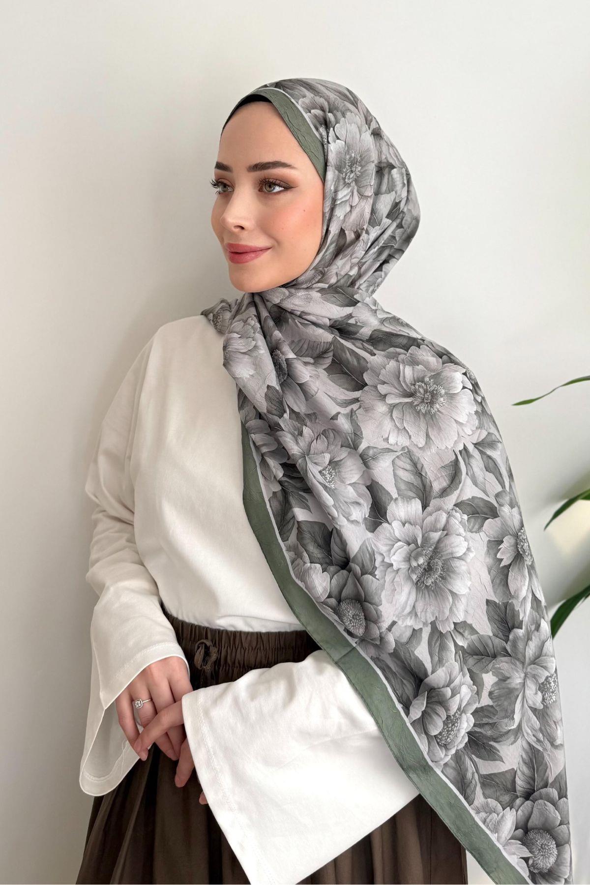 ROSE YEŞİL ŞERİTLİ ÇİÇEK DESENLİ ŞAL