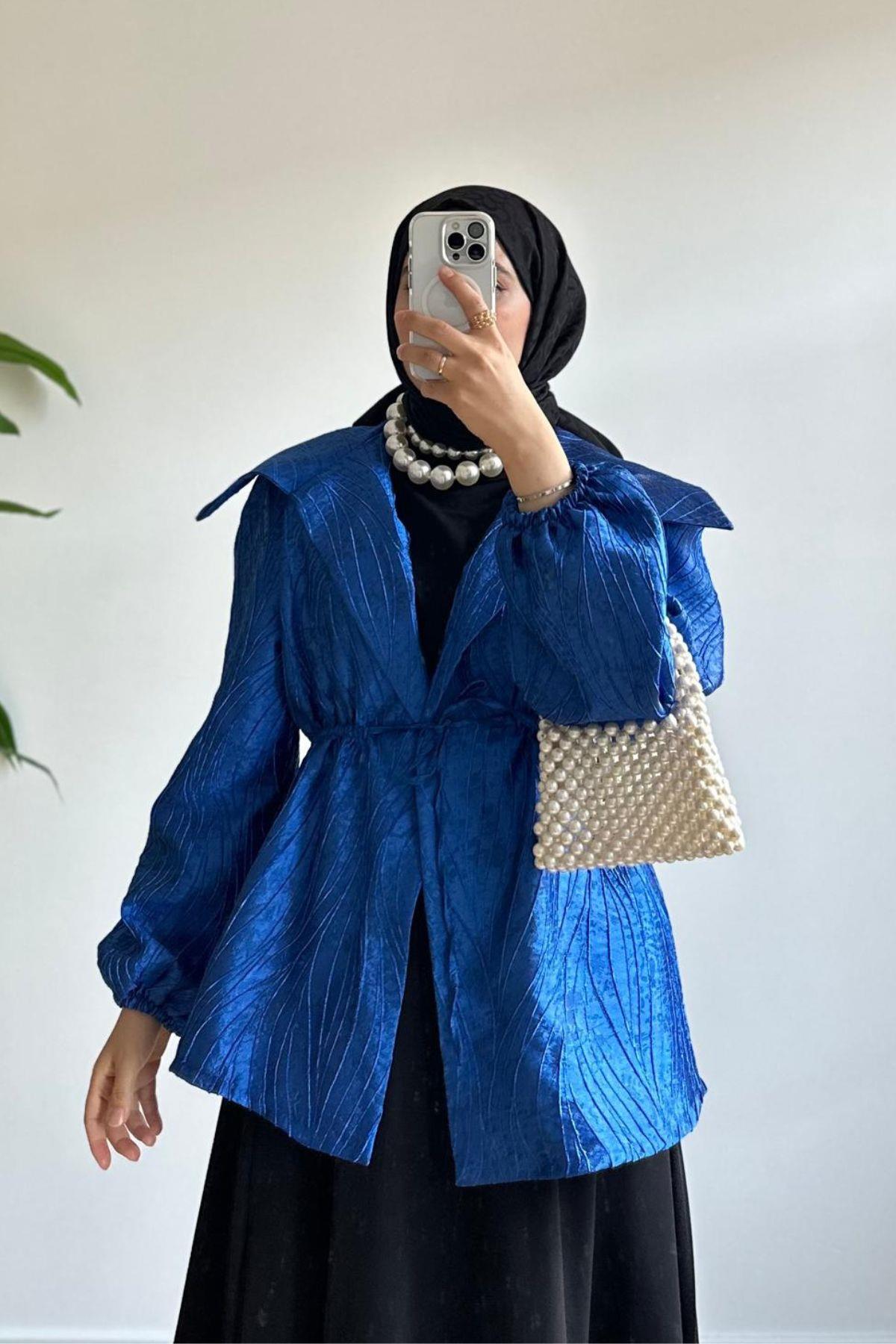 SAKS MAVİ JAKARLI CEKET