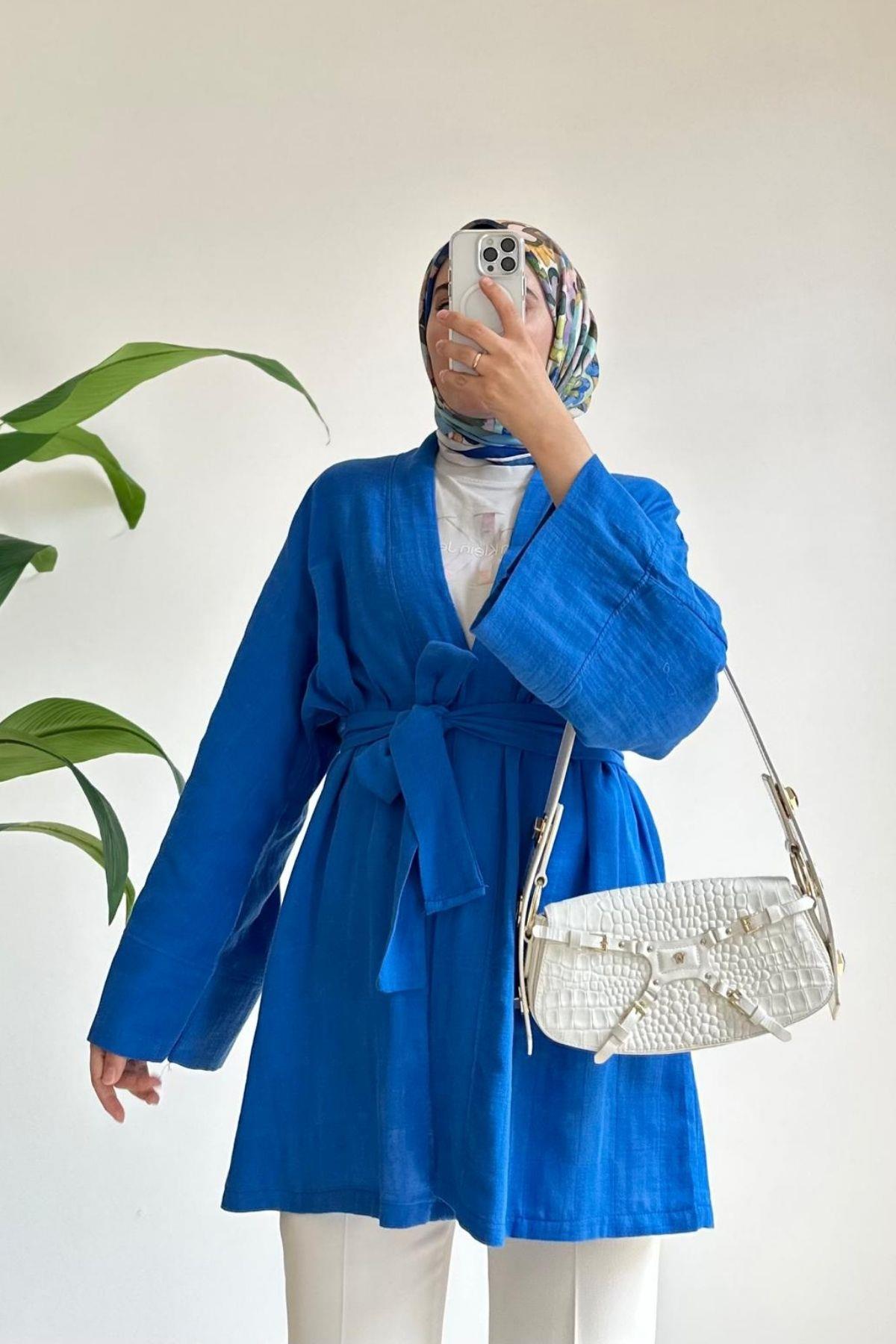 SAKS MAVİ NATUREL KETEN KİMONO