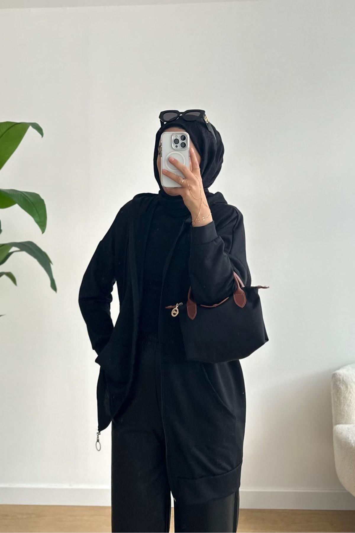 SİYAH FERMUARLI İNCE KAPÜŞONLU HIRKA