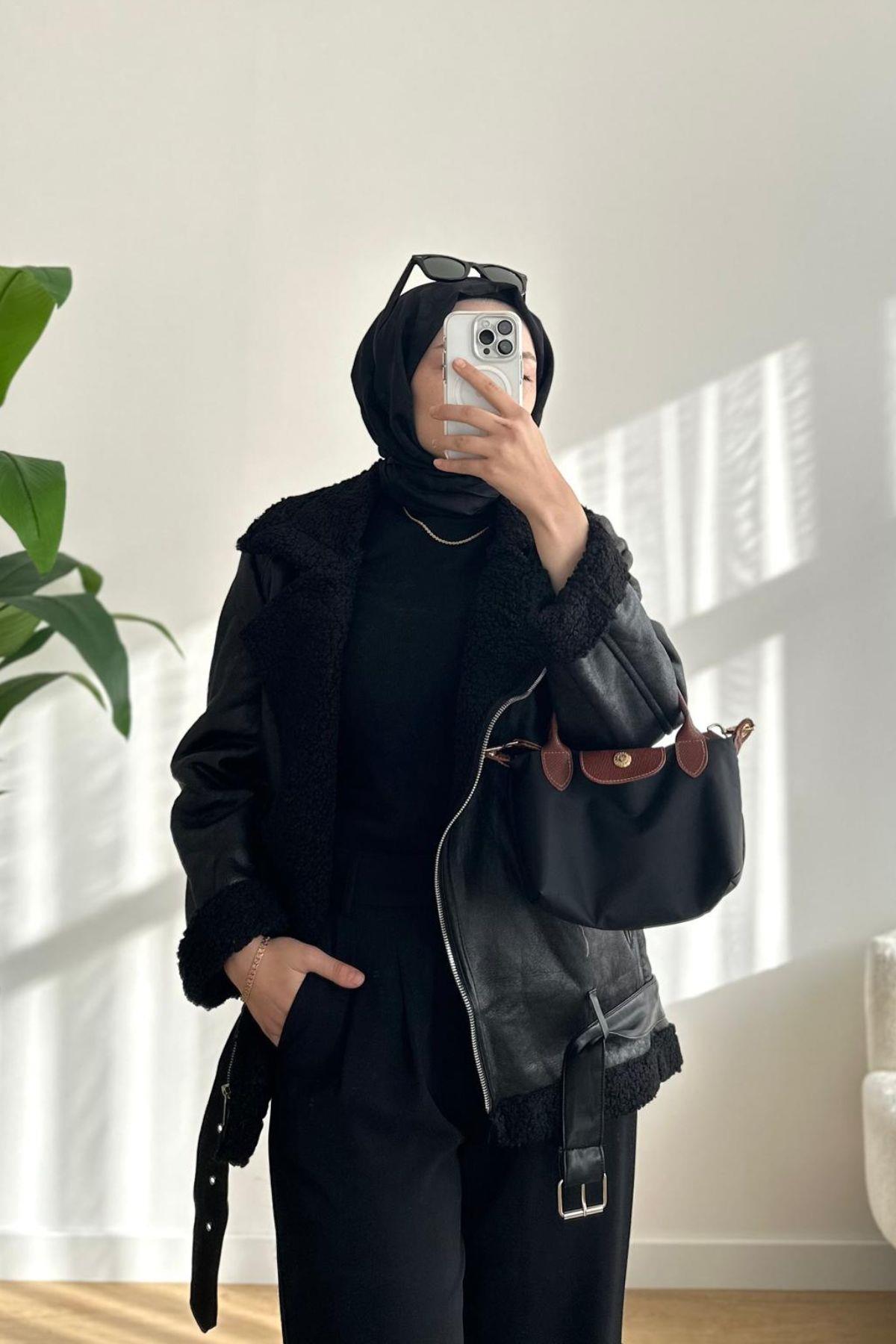 SİYAH İÇİ KÜRKLÜ DERİ BİKER MONT