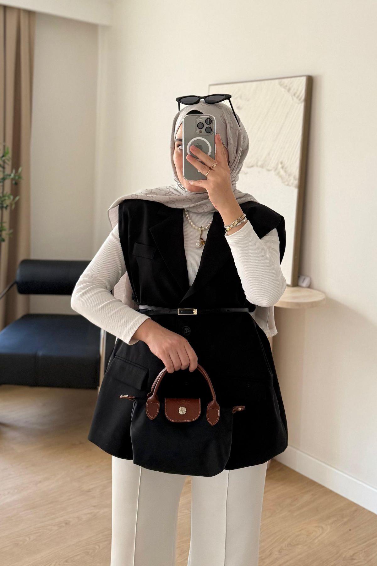 SİYAH KEMERLİ YELEK CEKET 