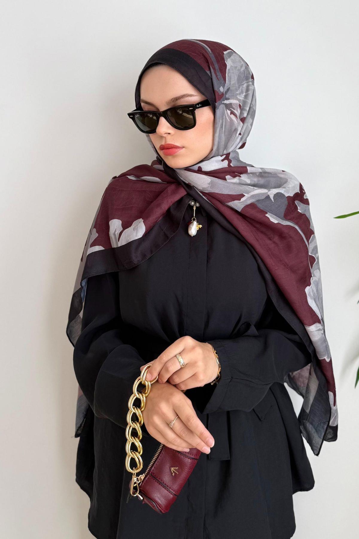 SİYAH ŞERİTLİ BORDO GRİ ÇİÇEK  BAMBU ŞAL