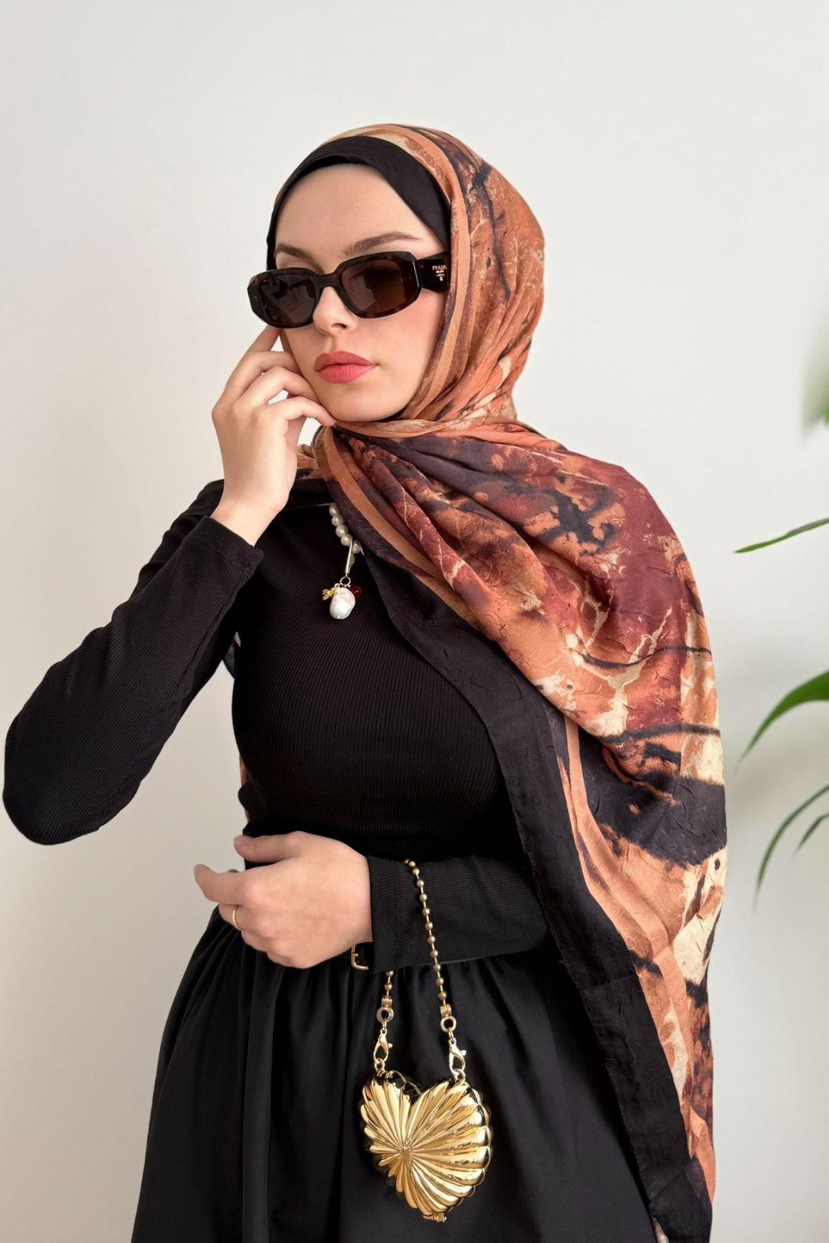 SİYAH ŞERİTLİ KİREMİT GEÇİŞLİ BAMBU ŞAL