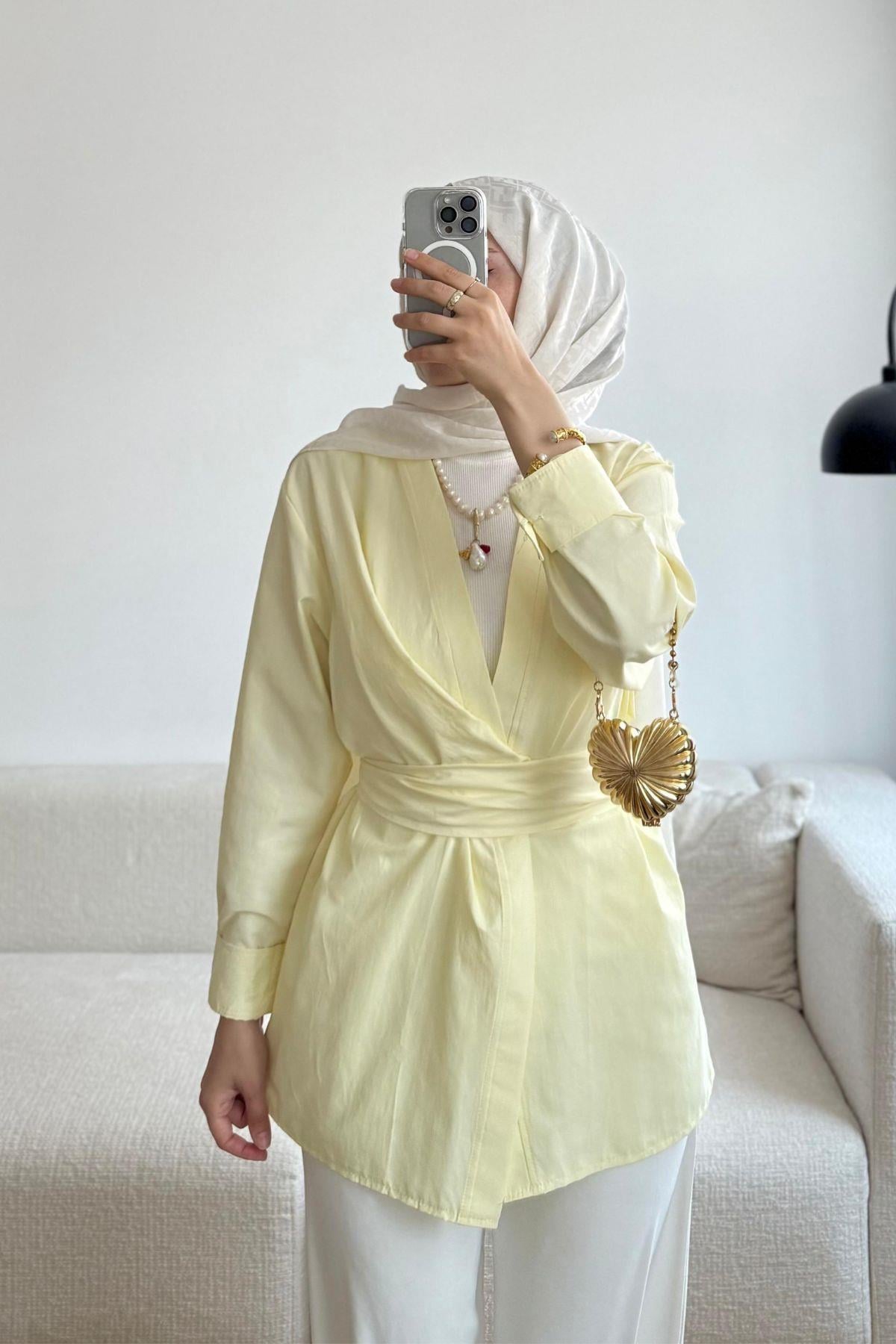 SOFT SARI BAĞLAMALI KİMONO GÖMLEK