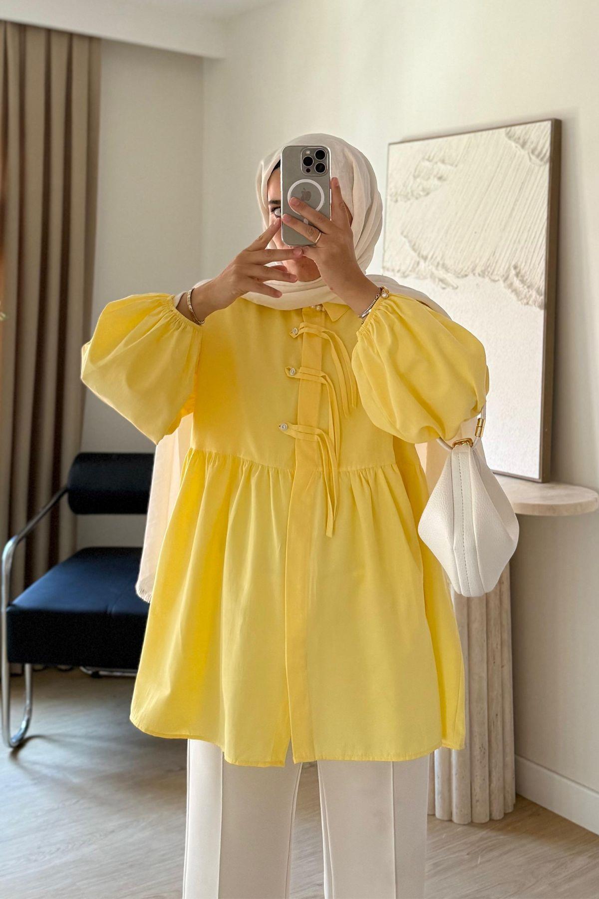SOFT SARI ÖNÜ TAİ DETAYLI GÖMLEK