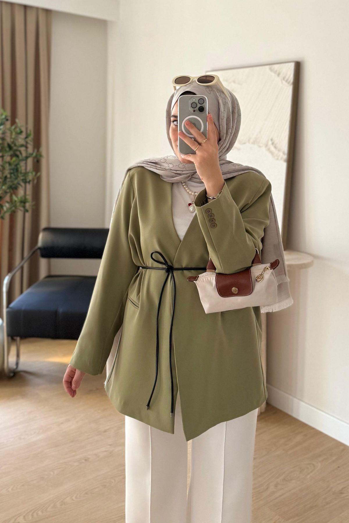 SOFT YEŞİL DERİ KUŞAKLI BLAZER CEKET