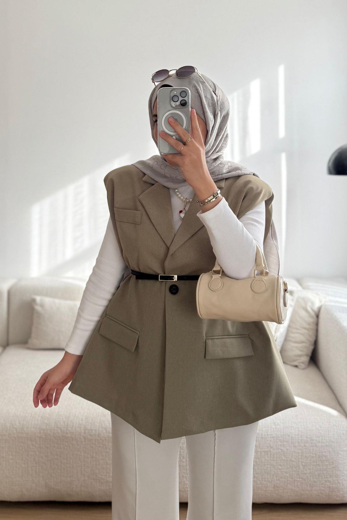 SOFT YEŞİL KEMERLİ YELEK CEKET 