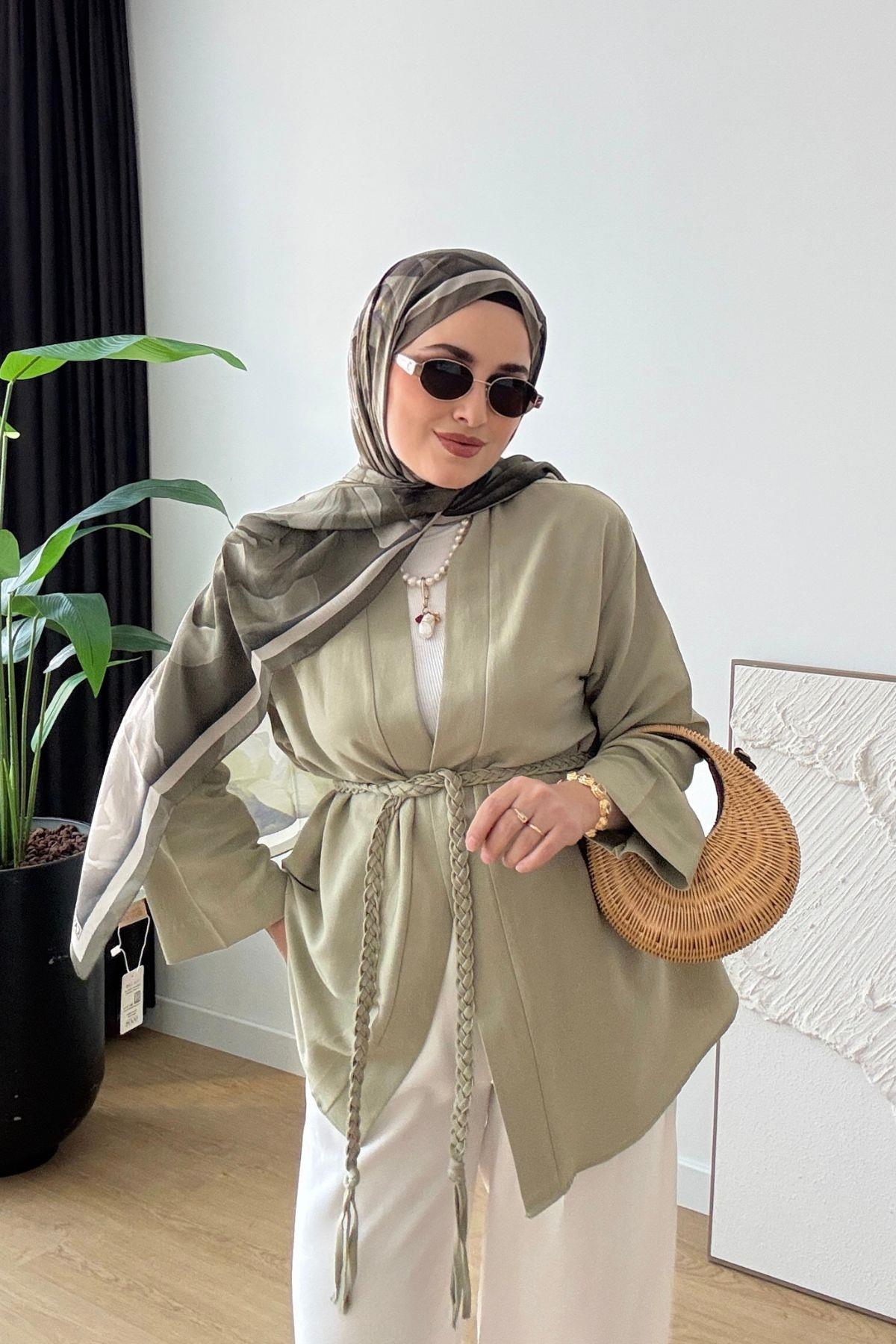 SOFT YEŞİL ÖRGÜ KEMERLİ KİMONO