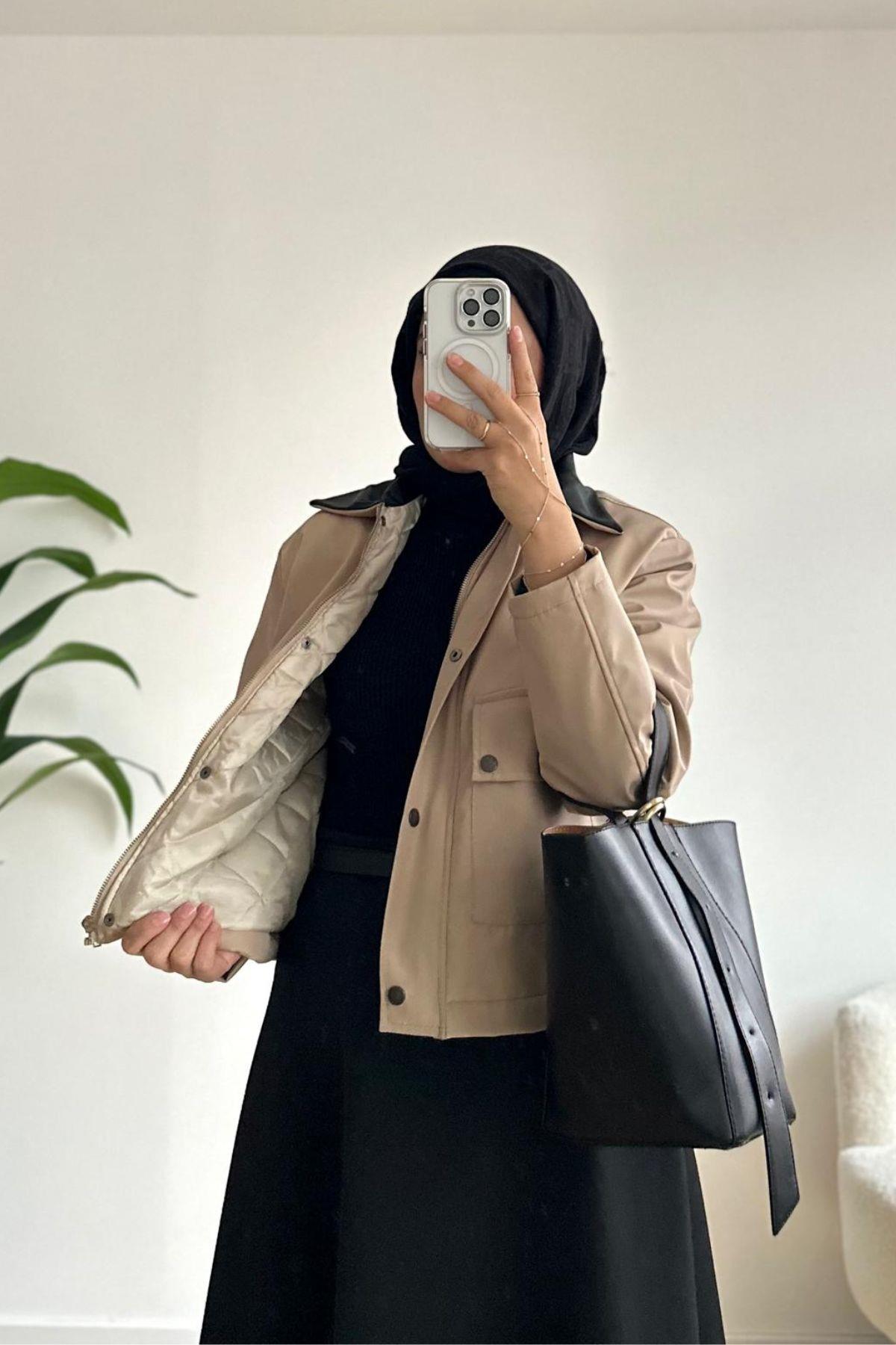 TAŞ YAKASI DERİ DETAYLI KISA MONT