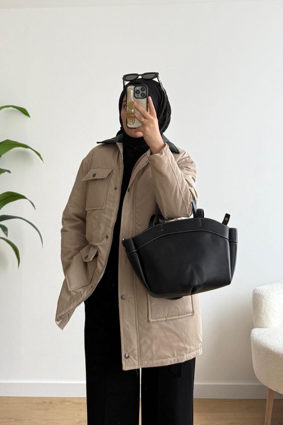 TAŞ YAKASI DERİ DETAYLI MONT