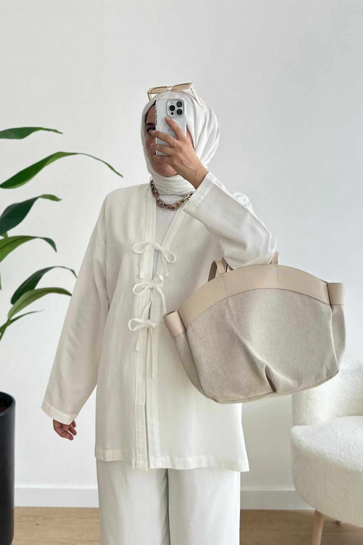 ÜÇ BAĞCIKLI EKRU NATUREL  KİMONO