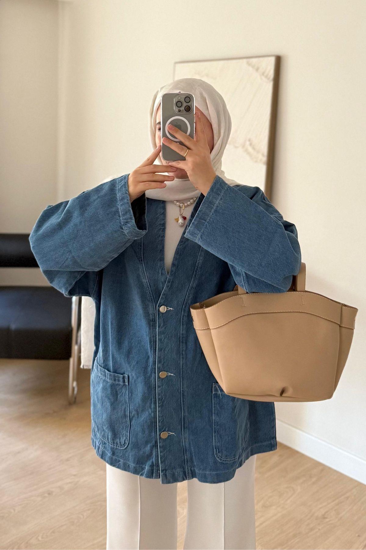 V YAKA AÇIK MAVİ OVERSİZE CEKET