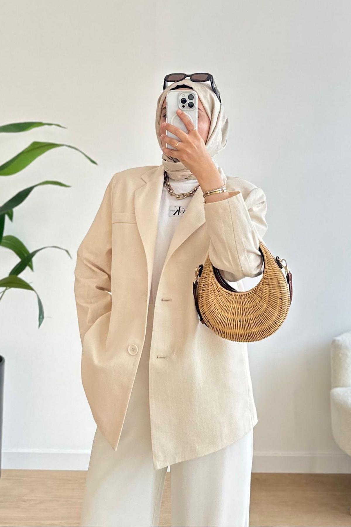 YELİNA BEJ KETEN CEKET 