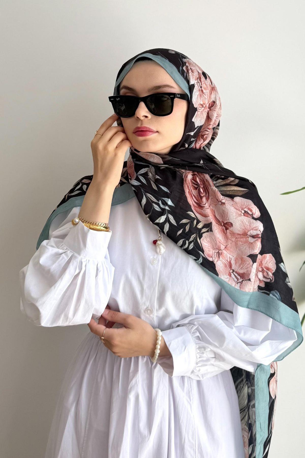 YEŞİL ŞERİTLİ TOZ PEMBE ORKİDE DESEN BAMBU ŞAL