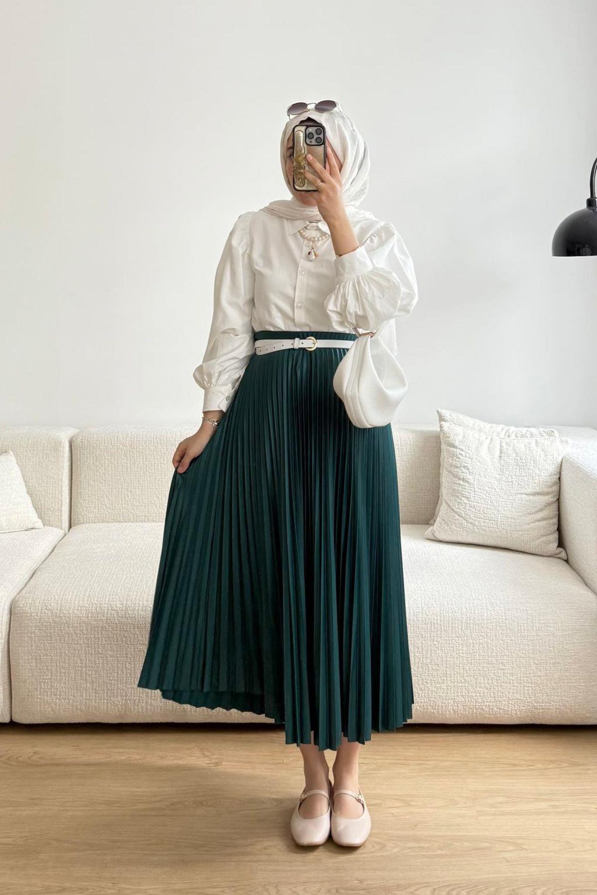 ZÜMRÜT YEŞİL PİLİSELİ ETEK