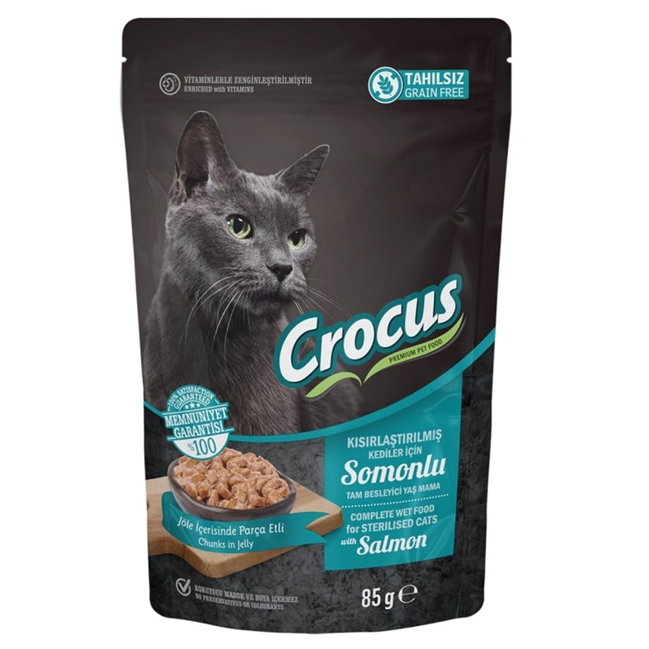 Crocus Tahılsız Kısırlaştırılmış Kedi Somonlu Jöleli Pouch Yaş Mama 85 G