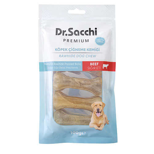 Dr.Sacchi Premium Sığır Etli Doğal Sığır Derisi Press Kemik Tahılsız Köpek Ödülü 3'' 5'li 100 Gr