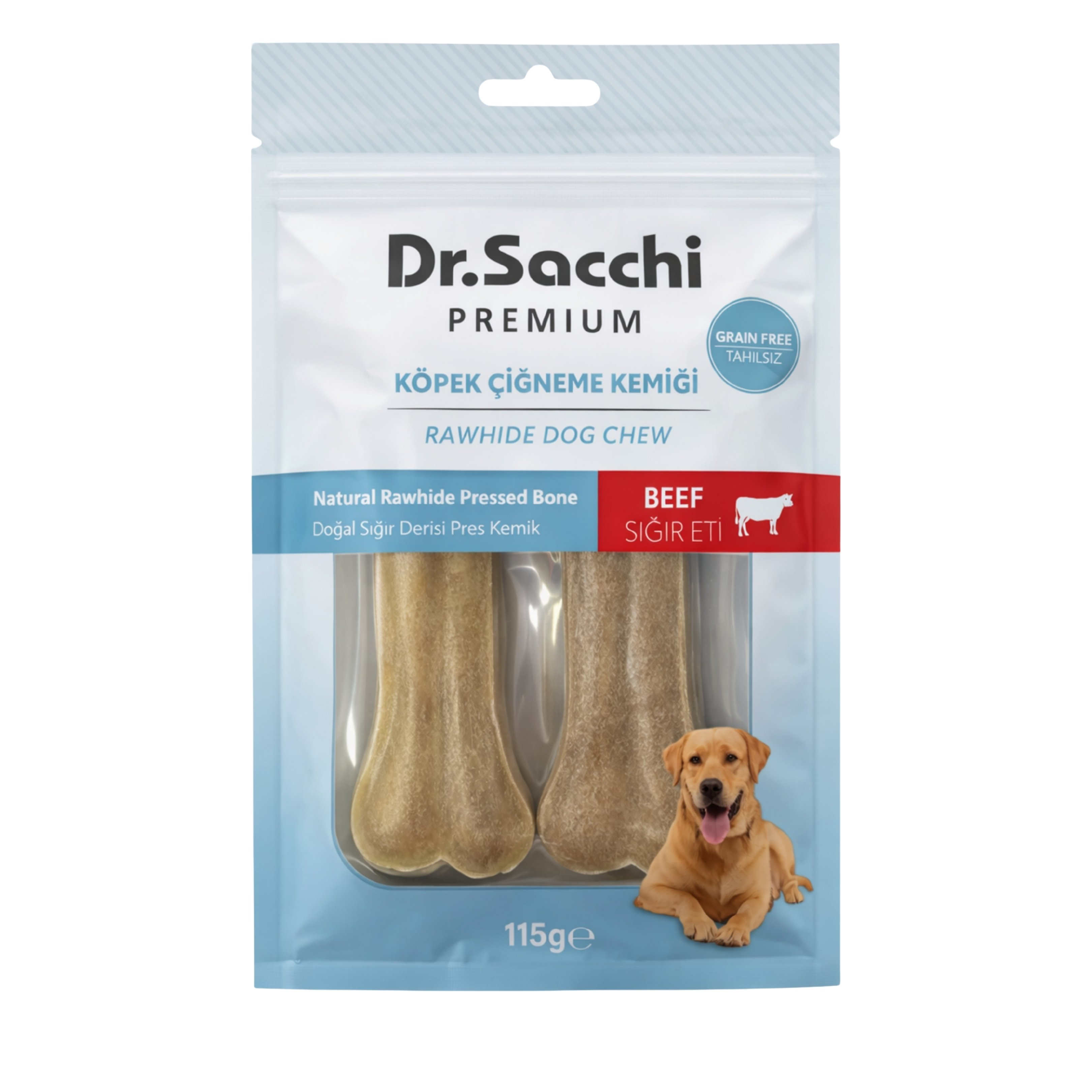 Dr.Sacchi Premium Sığır Etli Doğal Sığır Derisi Press Kemik Tahılsız Köpek Ödülü 5” 2'li 115 Gr