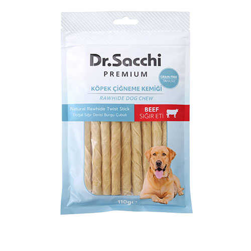 Dr.Sacchi Premium Sığır Etli Doğal Sığır Derisi Burgu Çubuk Tahılsız Köpek Ödülü 5'' 15'li 110 Gr