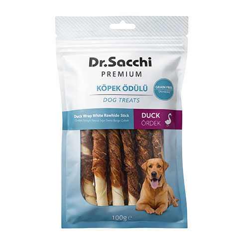 Dr.Sacchi Premium Ördek Sargılı Beyaz Sığır Derisi Burgu Çubuk Tahılsız Köpek Ödülü 5'' 10'lu 100 Gr