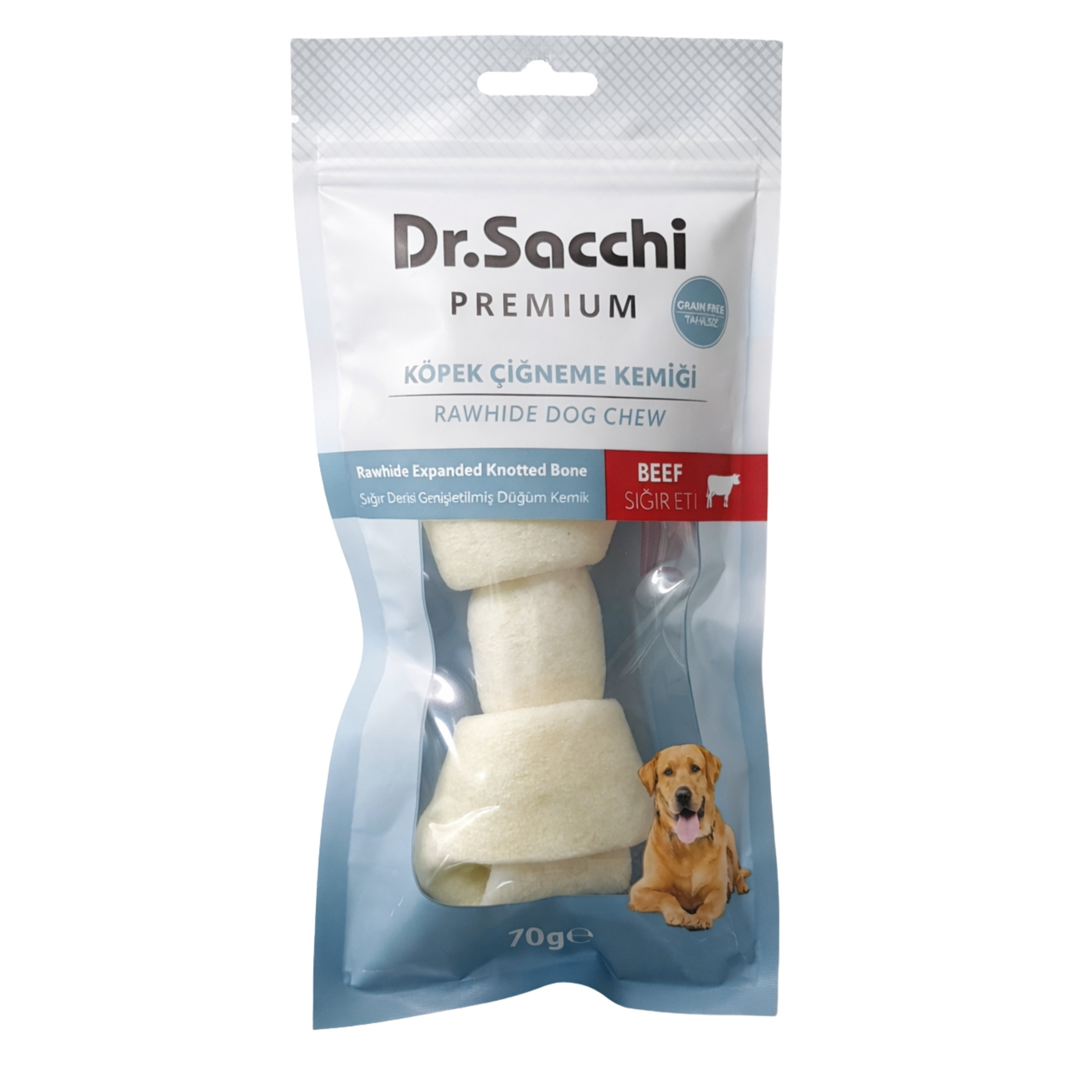 Dr.Sacchi Premium Sığır Etli Sığır Derisi Genişletilmiş Düğüm Kemik Tahılsız Köpek Ödülü 5-6'' 1'li 70 Gr