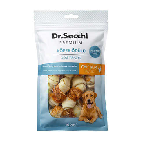 Dr.Sacchi Premium Tavuk Sargılı Beyaz Sığır Derisi Düğüm Kemik Tahılsız Köpek Ödülü 2” 8'li 100 Gr