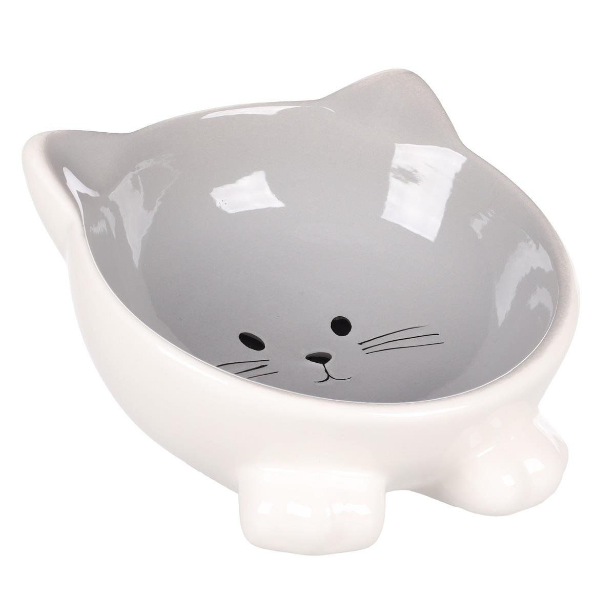 Flamingo Puzi Kedi Kulaklı Desenli Seramik Mama Ve Su Kabı Gri-125Ml