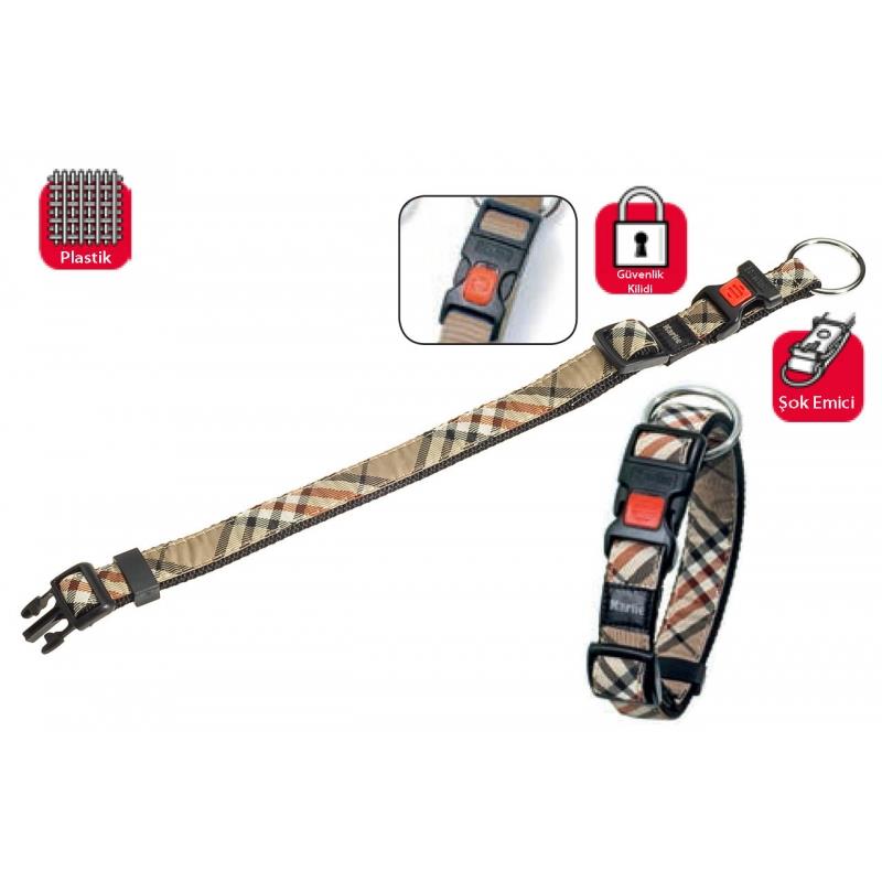 Karlıe Kilitli Boyun Tasma M 40-55Cm Ekose Bej