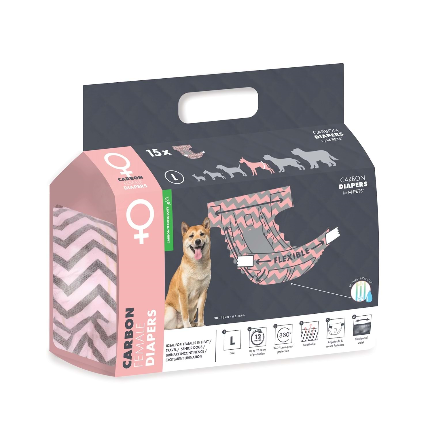 M-Pets Carbonlu Diapers, Dişi Köpekler İçin Külot (L) 15Li