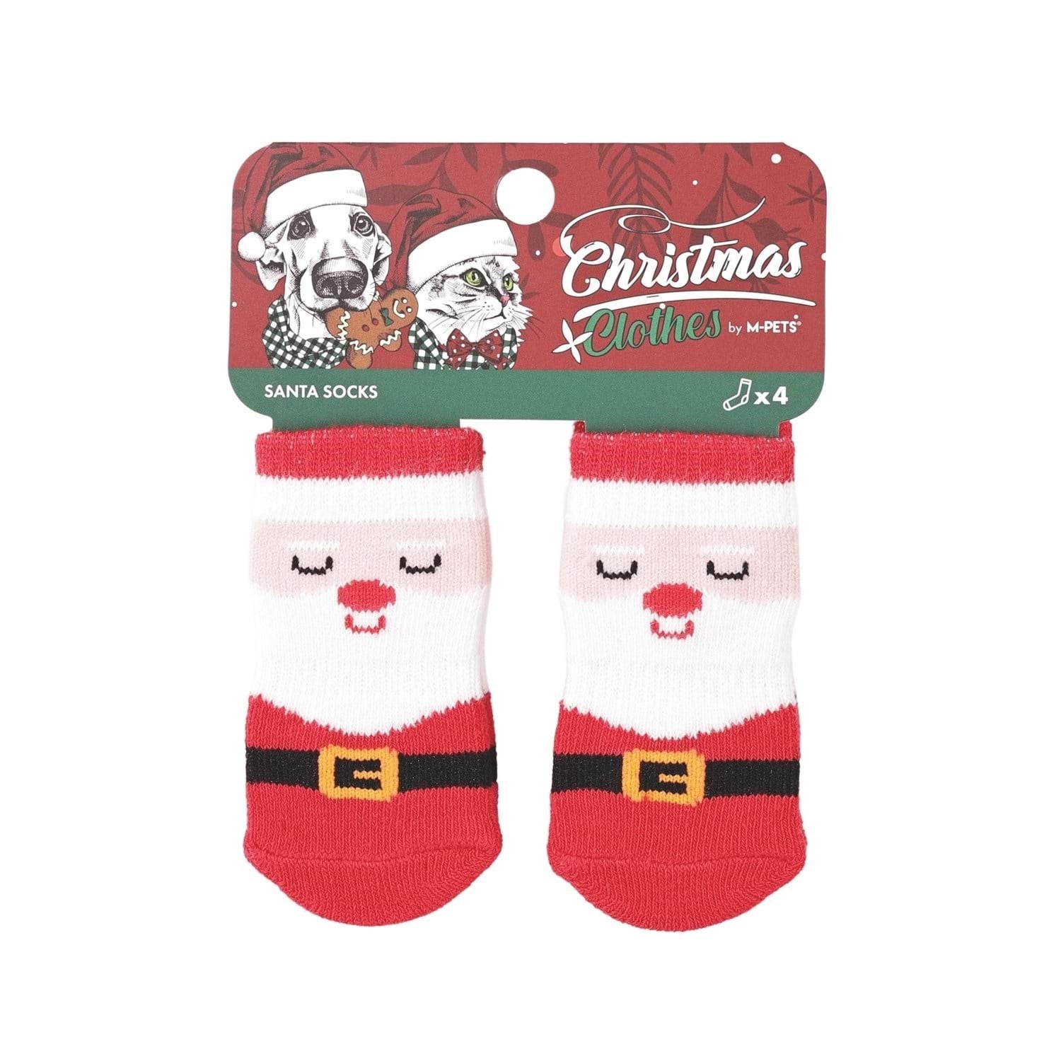 M-Pets Christmas Clothes Santa Socks Kaymaz Tabanlı Kedi ve Köpek Çorabı 4'lü