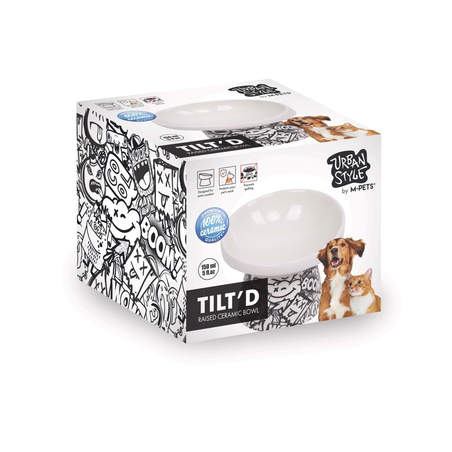 M-Pets Urbanstyle Tilt'd Raised Ceramic Bowl 150ml Siyah Beyaz