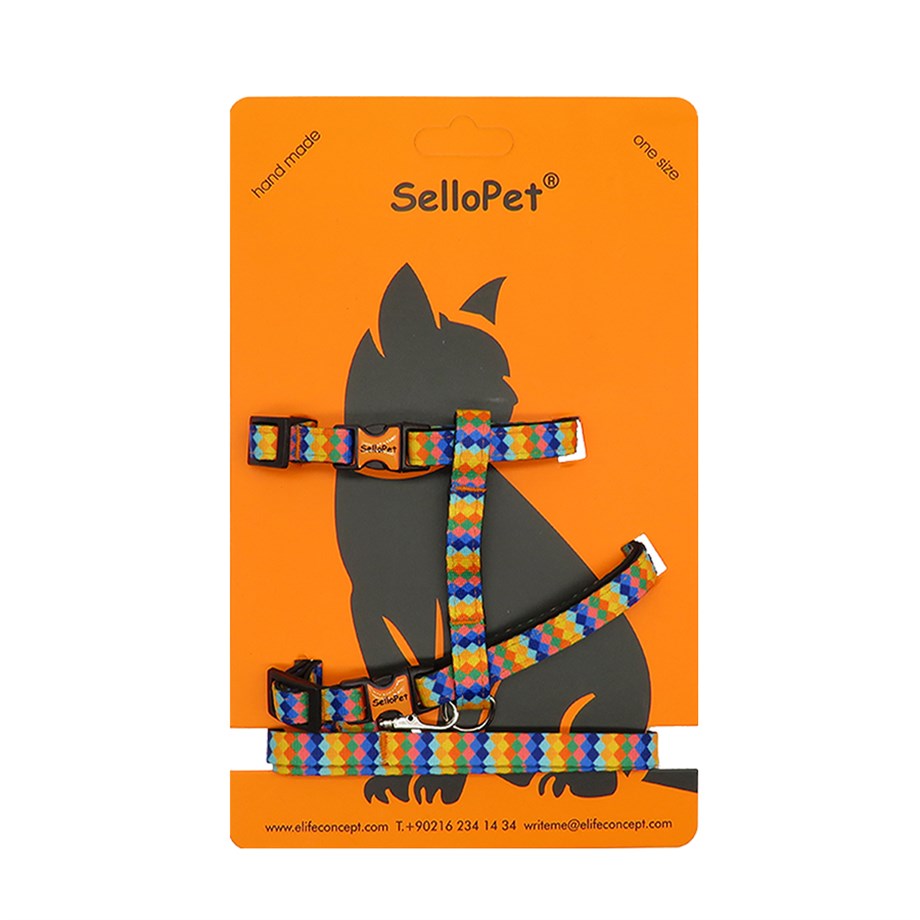 Sellopet Kedi Göğüs Tasması Gezdirme Seti Baklava Desenli