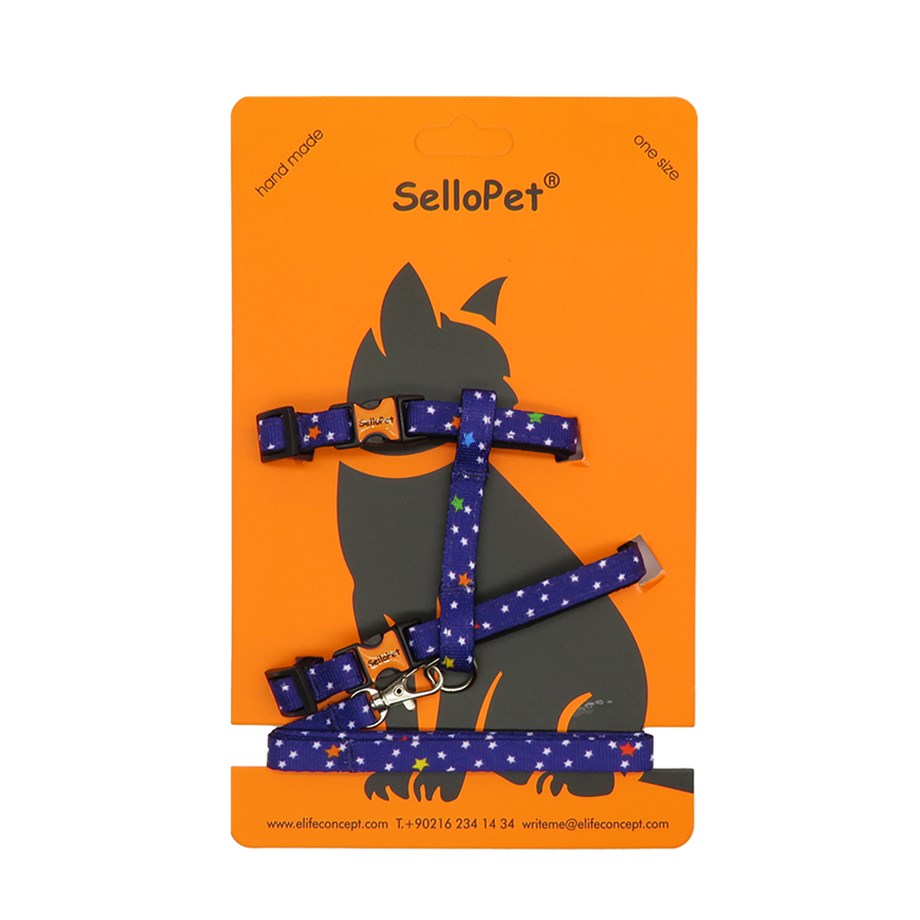 Sellopet Kedi Göğüs Tasması Gezdirme Seti Yıldız Desenli