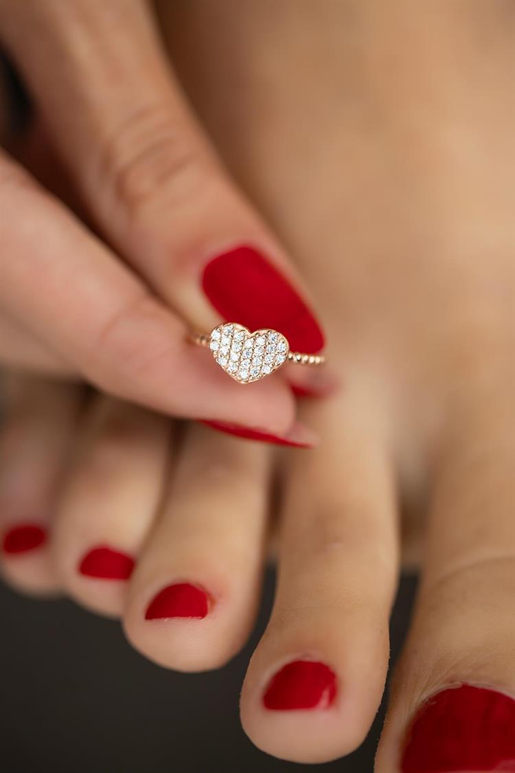 Kalp Model Rose Kaplama Gümüş Minimal Ayak Yüzüğü