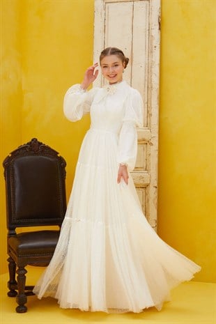 Broş Detaylı Dantel Nikah ElbisesiJAQAR