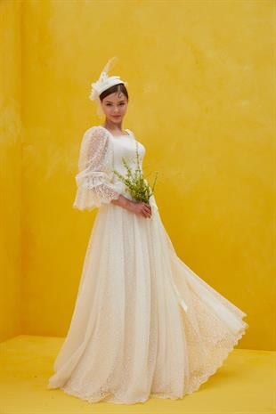 Romantik Kare Yaka Dantel GelinlikJAQAR